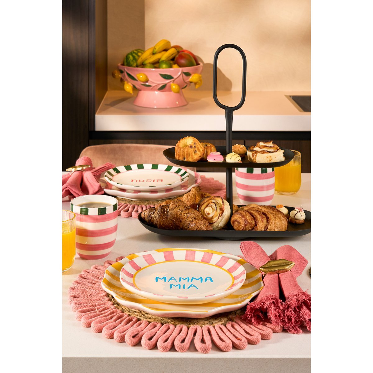 Bliss Serviesset - 6-delig - Steengoed - Roze, Geel, Groen