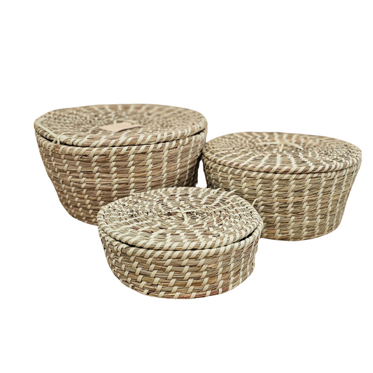 Mand met deksel beige set van 3