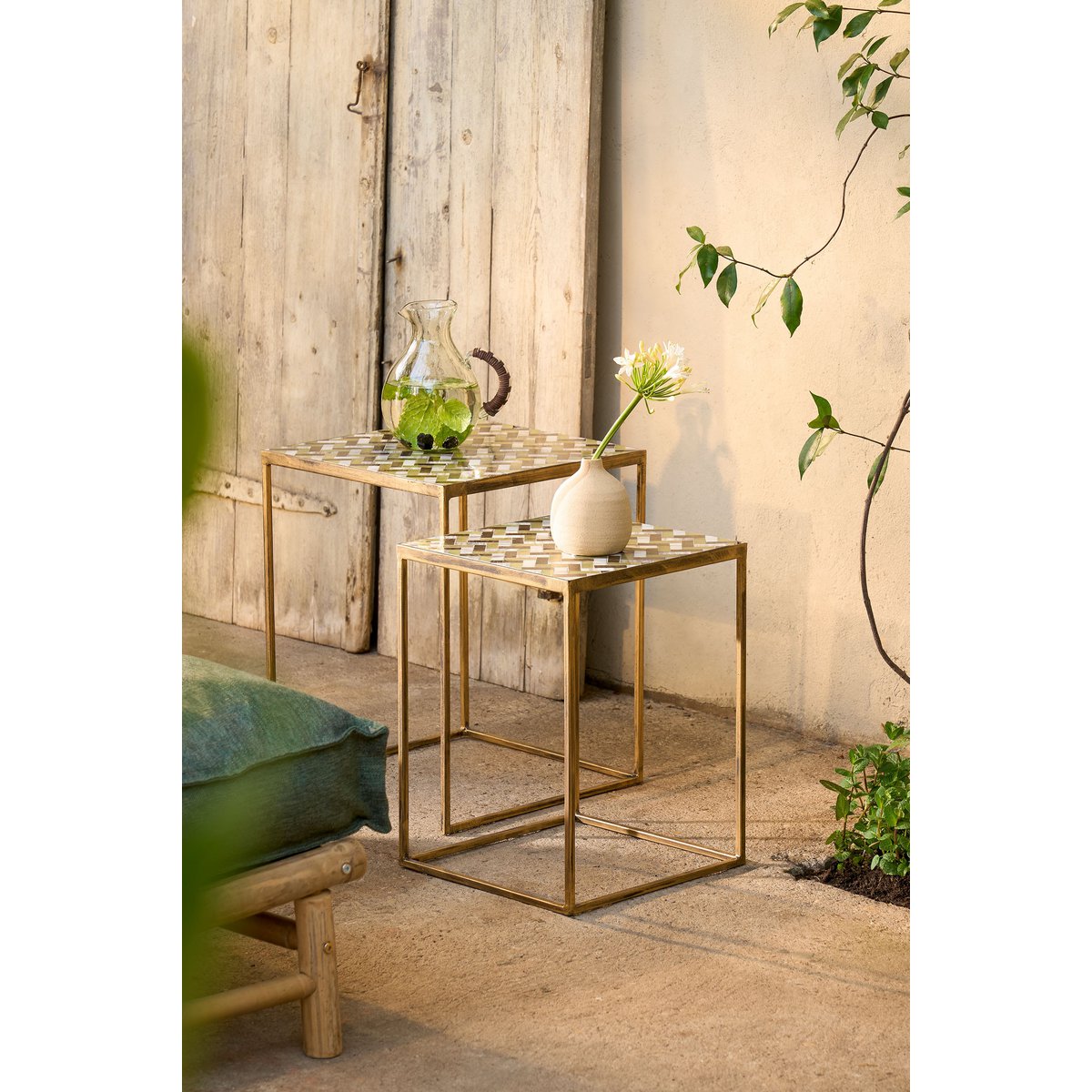 Alanza Bijzettafel Buiten - Set van 2 - L38 x B38 x H48 cm - Metaal - Groen