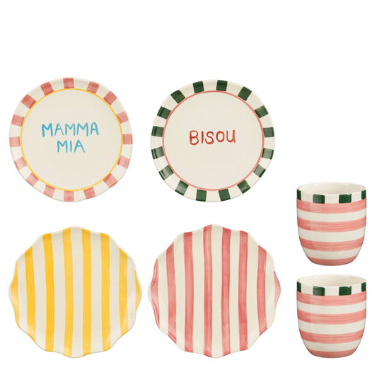 Bliss Serviesset - 6-delig - Steengoed - Roze, Geel, Groen